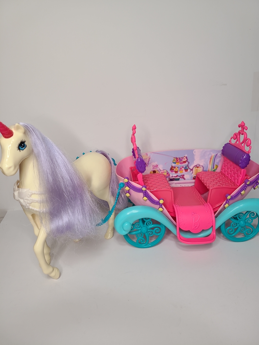 Barbie Dreamtopia Unicorn Horse Carriage Pink Purple Teal Mane Bridle